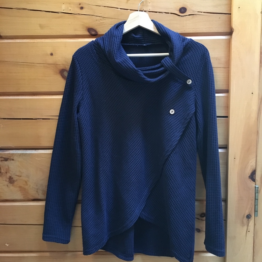 Navy Blue Cowl Neck Asymmetrical Draped Sweater